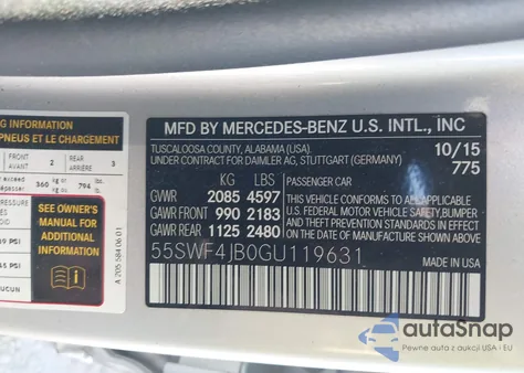 2016 Mercedes-Benz C 300 from USA, damaged, VIN 55SWF4JB0GU119631